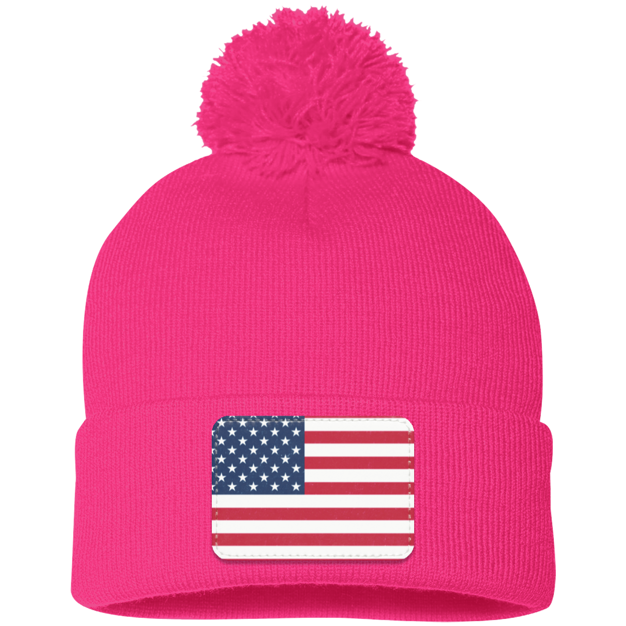 American Flag Pom Pom Knit Cap - Patch