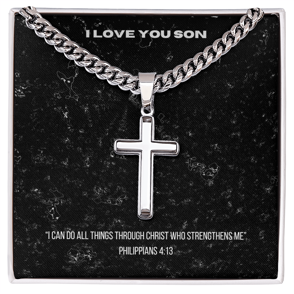 Cross Necklace - Philippians 4:13 message to Son