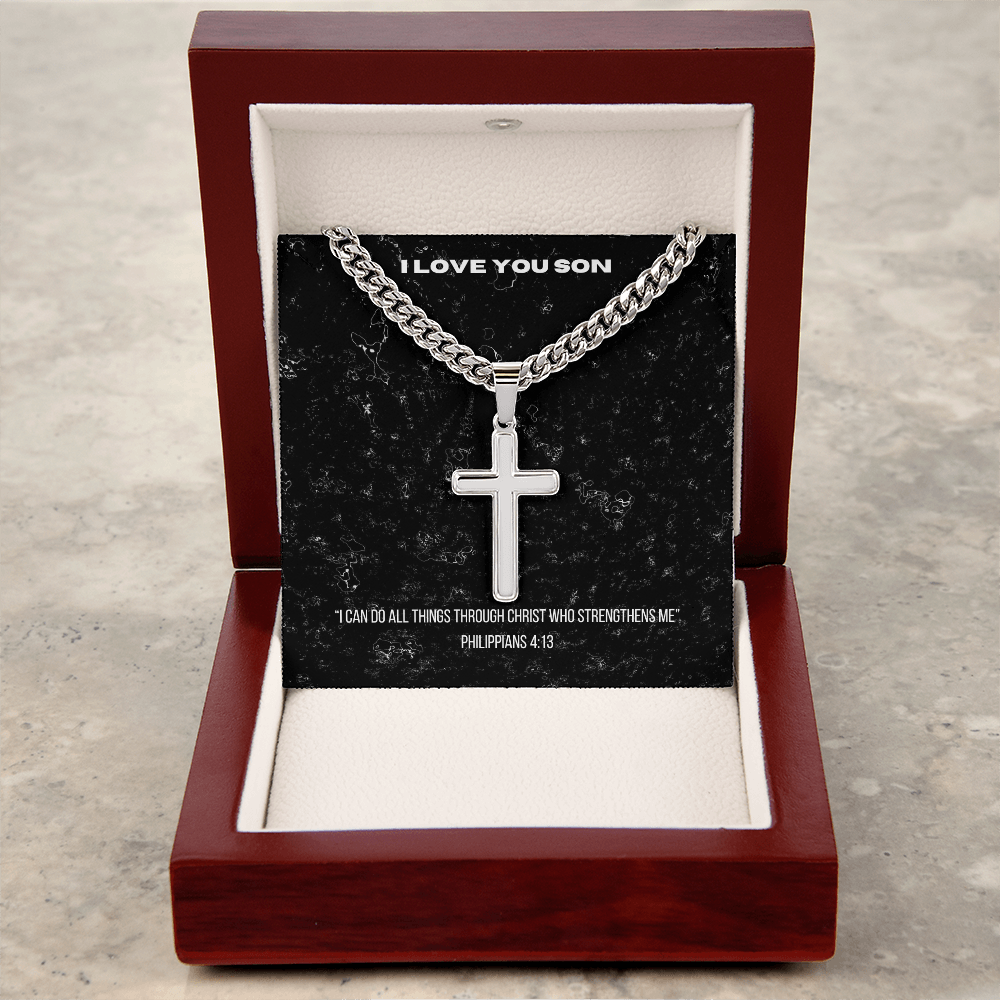 Cross Necklace - Philippians 4:13 message to Son
