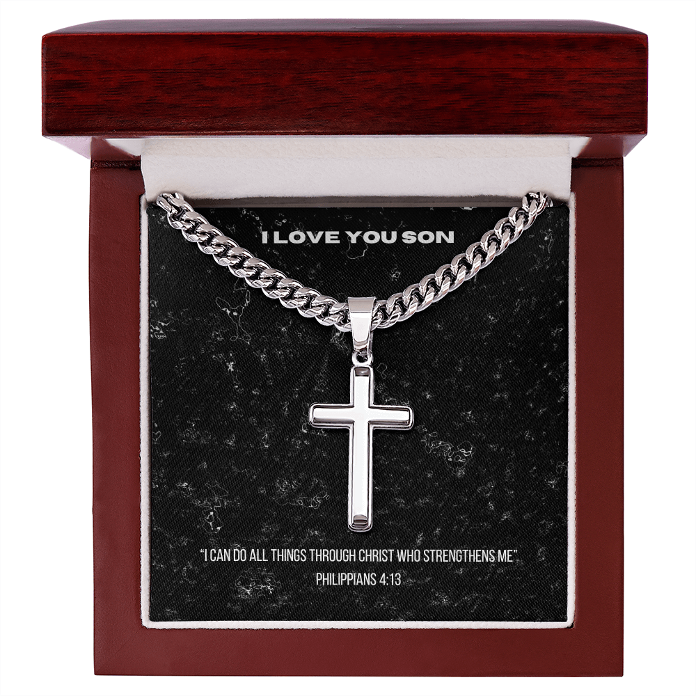 Cross Necklace - Philippians 4:13 message to Son