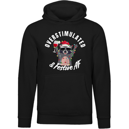 Overstimulated & Festive AF Cute Raccoon Holiday Hoodie (adult)