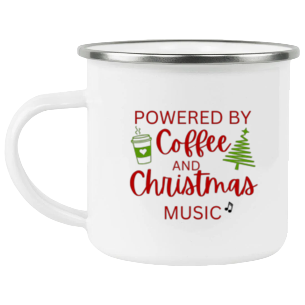 Powered by Coffee and Christmas Music Enamel Camping Mug