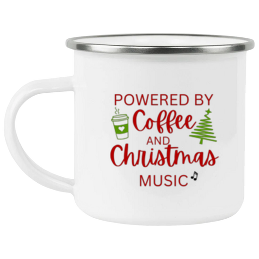 Powered by Coffee and Christmas Music Enamel Camping Mug