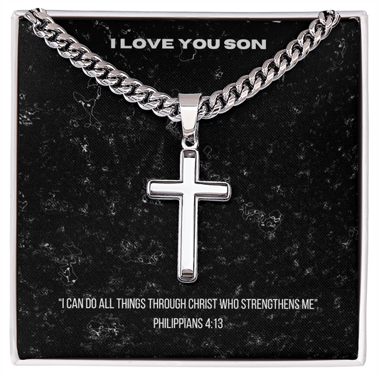 Cross Necklace - Philippians 4:13 message to Son